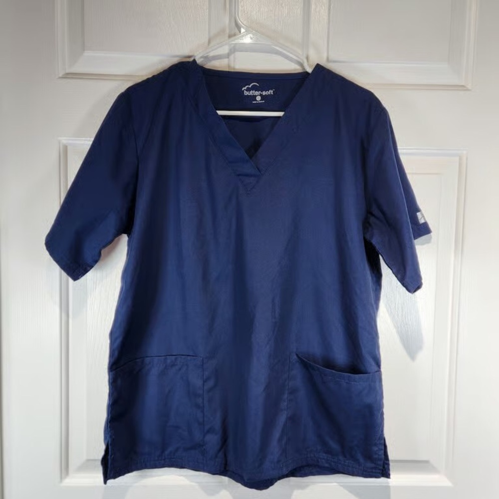Navy V-Neck Scrub Top with Pockets